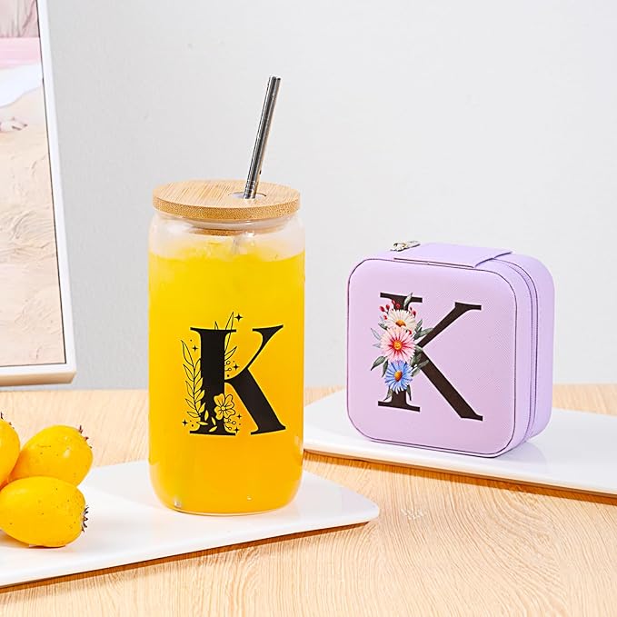 AYGXU Travel Gifts for Women Girls,Small Jewelry Organizer Box,Bridesmaid Proposal Gifts,glass cup with bamboo lid and straw,aesthetic cups,coffee cups,Graduation Gifts for Her Initial U purple