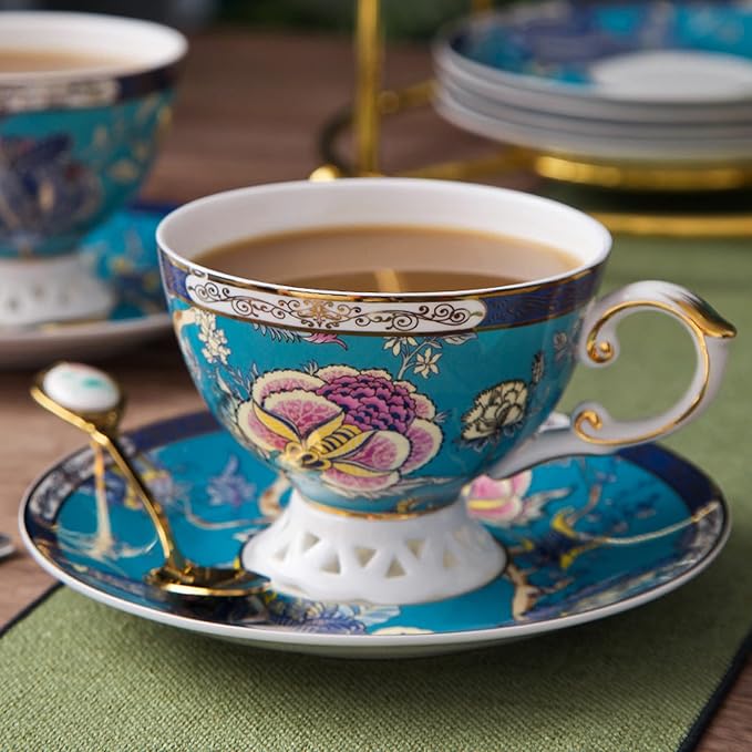 ACMLIFE Tea Sets for Adults for 6, Blue Tea Set with Cups, Fine Bone China 24K Gold, Tea Pot and Cups Set, Vintage British English Porcelain Afternoon Service Sets for Women Tea Party for Luxury Gift