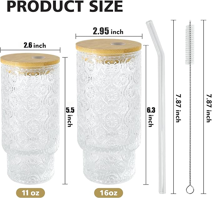 4 Pcs 11oz Drinking Glasses Cups Set with Bamboo Lids Straws Brush Small Embossed Glassware Set for Juice Iced Coffee Cocktail Whiskey(Begonia*4)