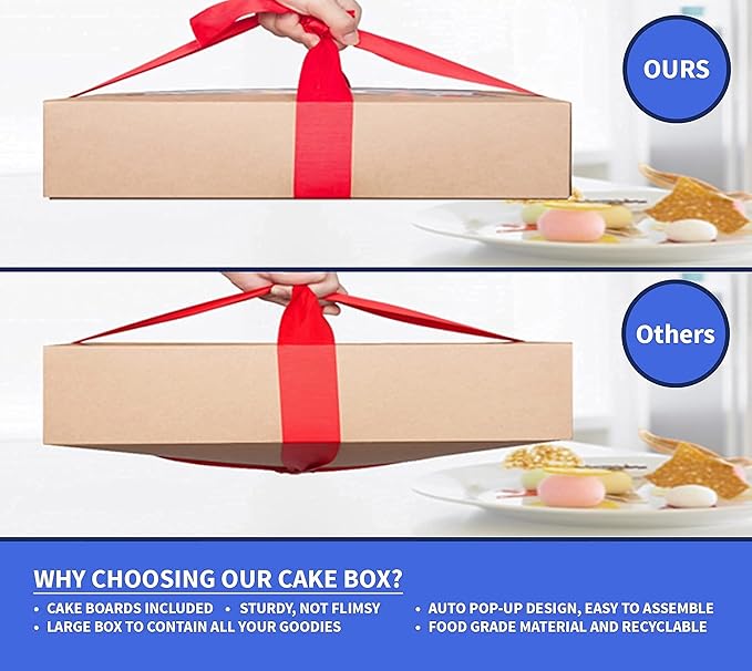 (15 Pack) Cake Boxes with Cake Boards INCLUDED – Easy-Assembly, 14 x 10 x 4 Inch, Dessert Boxes with Window, Stickers – Store & Sell Cakes, Cupcakes, Muffins, & Donuts in Bakery Boxes