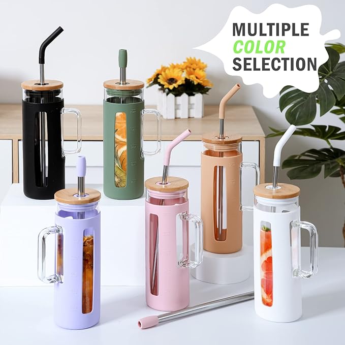 Kodrine Tumbler with Lid and Straw, 20 oz Glass Coffee Tumbler with Handle, Smoothie Cup with Bamboo Lid | Time Marker | Silicone Protective Sleeve, BPA Free - Black