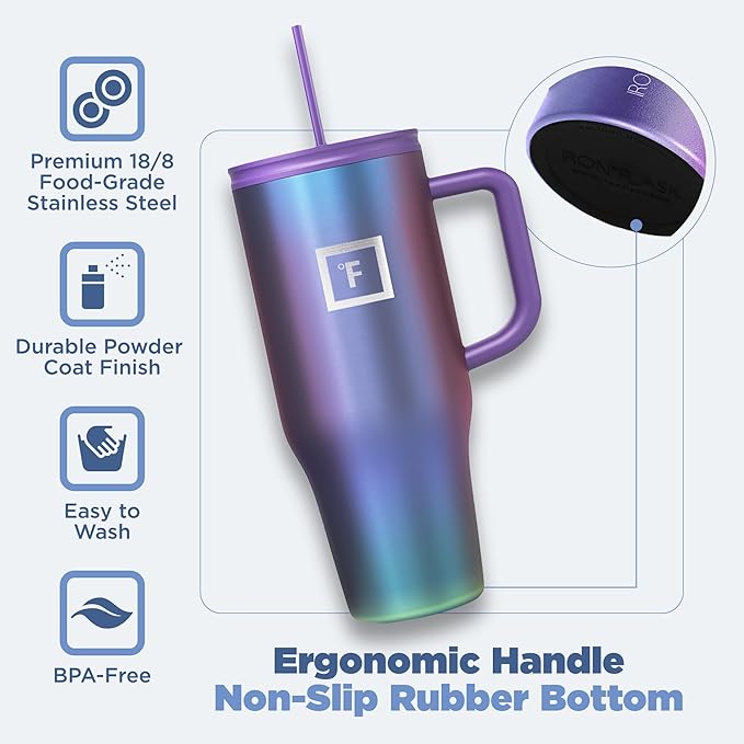 IRON °FLASK Co-Pilot Insulated Mug w/Straw & Flip Cap Lids - Cup Holder Bottle for Hot, Cold Drink - Leak-Proof - Water, Coffee Portable Travel Mug - Sage, 32 Oz