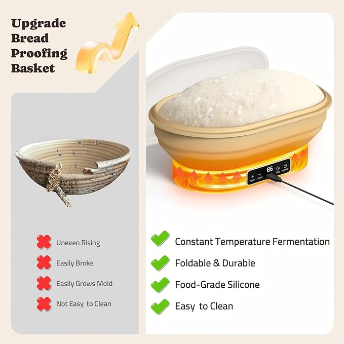 Heating Complete Sourdough Starter Kit, 2L Electric Thermostatic Silicone Oval Foldable Banneton Bread Proofing Basket with 6 Timer & Temp Settings for Dough Rising, Dishwasher Safe, Bread Making Kit
