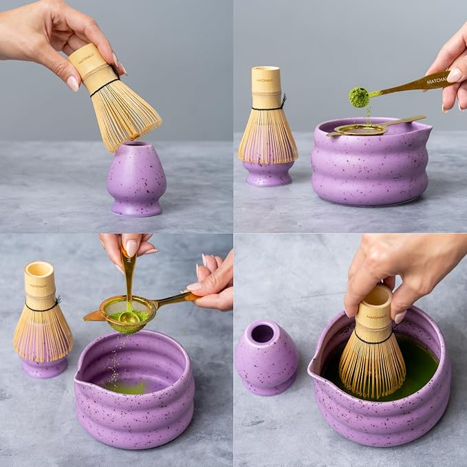 Premium 9 Piece Matcha Set Includes Ceramic Matcha Bowl, Bamboo Whisk & Holder, Stainless Steel Spoon & Sifter, Glass Cup & Straw, Electric Frother, Storage Bag - Gift for Matcha Lovers (Purple)