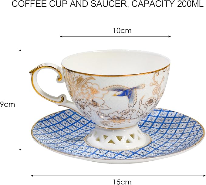 ACMLIFE Bone China Tea Cup and Saucer Set for 1, Vintage Floral Tea Cup with Saucer, Spoon and Gift Box, 6.8 oz (Blue B)