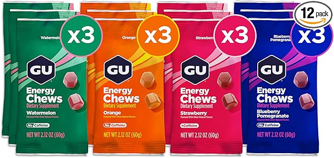 GU Energy Chews, Variety Pack Energy Gummies with Electrolytes, Dairy-Free, On-The-Go Energy for Any Workout, 12 Bags (24 Servings Total)