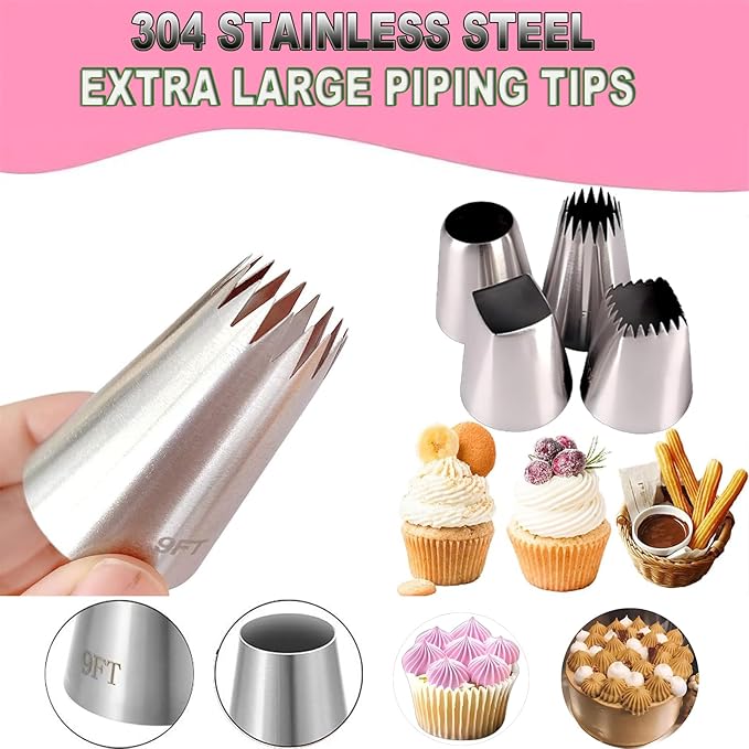 Extra large piping tips set, stainless steel round piping tips,star square wide piping tip jumbo piping tips, Cake DecoratingTips for Cupcakes Pastry Fondant Cakes Decorating （F02 9FT F06 R22L)