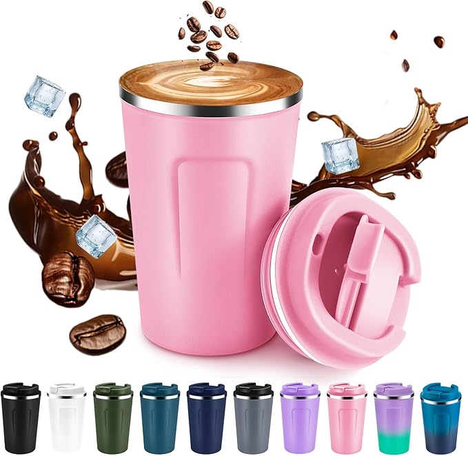 Volhoply 12 oz Double Wall Insulated Vacuum Travel Coffee Mug with Flip Lid,Reusable Stainless Steel Leak Proof Coffee Cup,Portable Iced Cafe Thermal Tumbler Suitable for Hot & Cold Drinks(Pink,1 Set)