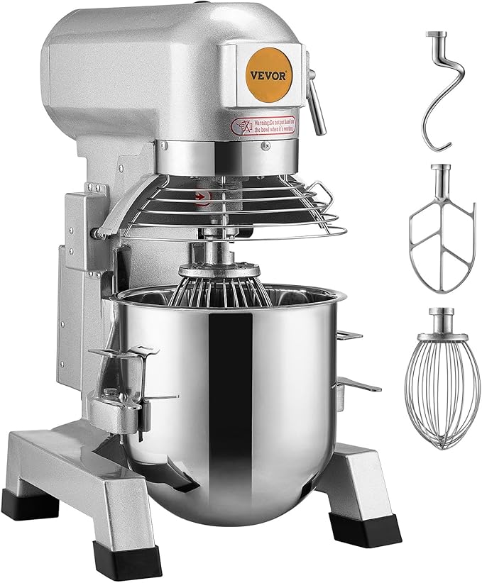 VEVOR Commercial Mixer 30Qt, Commercial Food Mixer Stainless Steel Bowl, 1100W Commercial Stand Mixer with 3 Speeds Adjustable, Dough Hook Whisk Beater Included, Perfect for Bakery Pizzeria, Silver