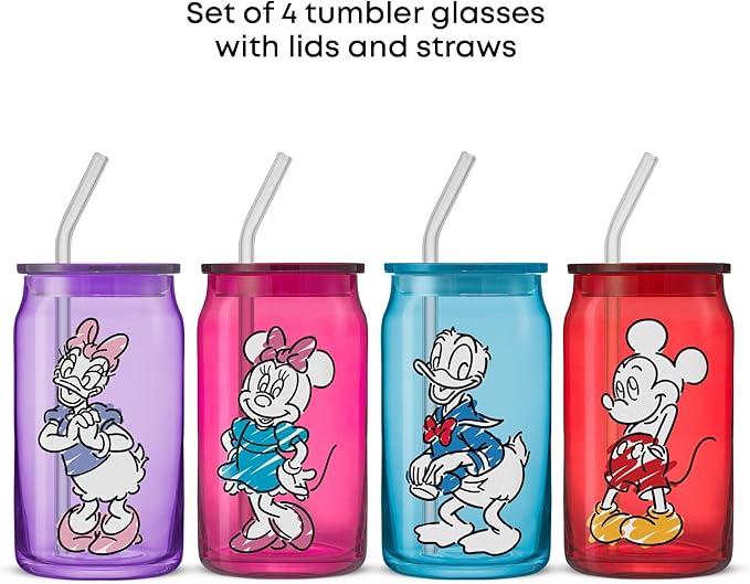 JoyJolt Disney Mickey Mouse and Friends Color Sketch Glass Tumblers with Lids and Straws, 16oz Glass Cups with Lids and Straws, Can Shaped Drinking Glasses Set of 4, Disney Gifts for Adults