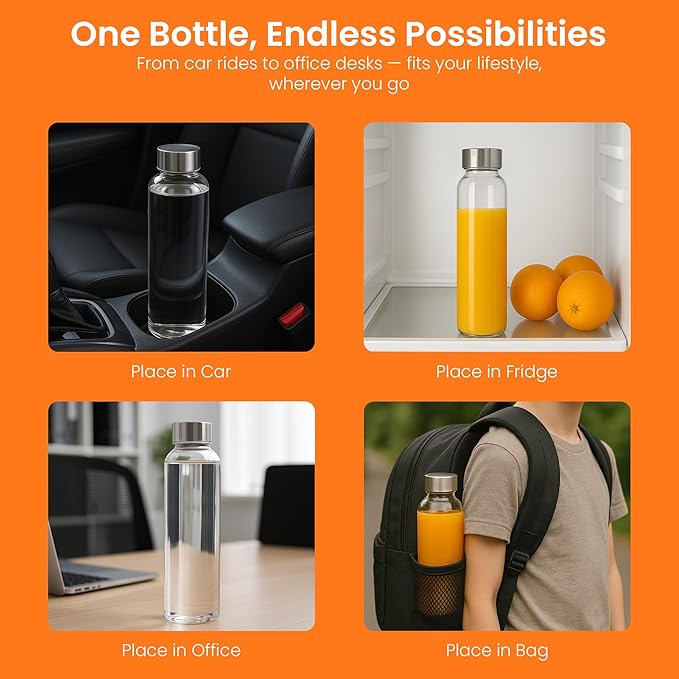 Epica 18-Oz Glass Water Bottles with Lids, Juice Bottles - BPA Free & Eco-Friendly Reusable Refillable Bottles for Juicing, Set of 4 - Clear