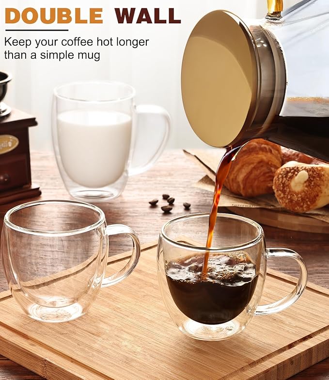 OJA Espresso Cups Set of 4, Hand Blown 5OZ Double Wall Glass Mugs with Handle Perfect for Cappuccino, Latte, Tea, Clear Glass Espresso Shot Cups Suitable for Coffee Machine