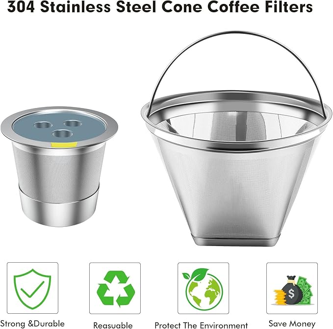 Stainless Steel Reusable Coffee Filter Compatible with Coffee Maker, Reusable Coffee Pods with 4 Cone Coffee Filters, Reusable Coffee Filters for Ninja CFP201 CFP300 CFP301 CFP307