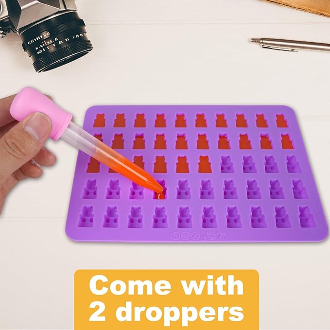 Silicone Gummy Bear Molds,4Pcs Non-stick Chocolate Candy Molds with 2 Droppers Including Mini Dinosaur, Bear Shape, Hearts and Mini Donut