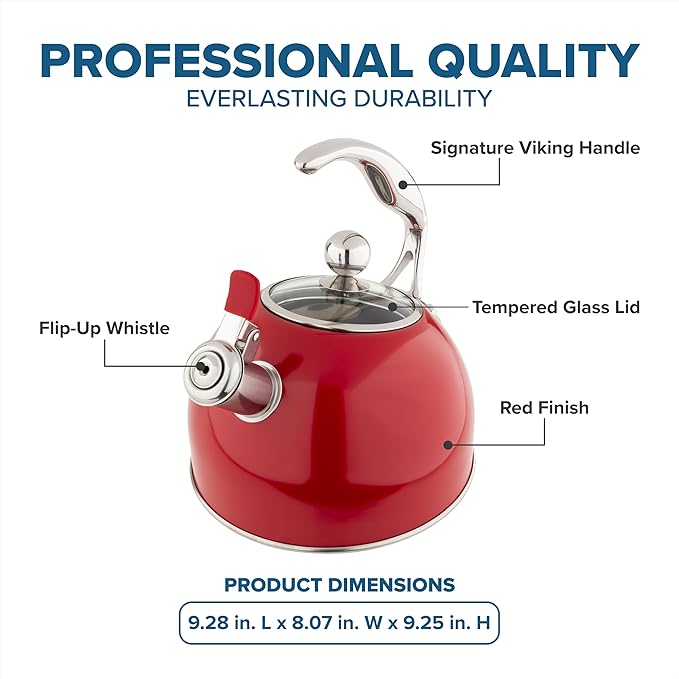 Viking 3-Ply Stainless Steel Tea Kettle, 2.6 Quart Stovetop Hot Water Pot with Tempered Glass Lid, Ergonomic Handle, Induction Ready, Red