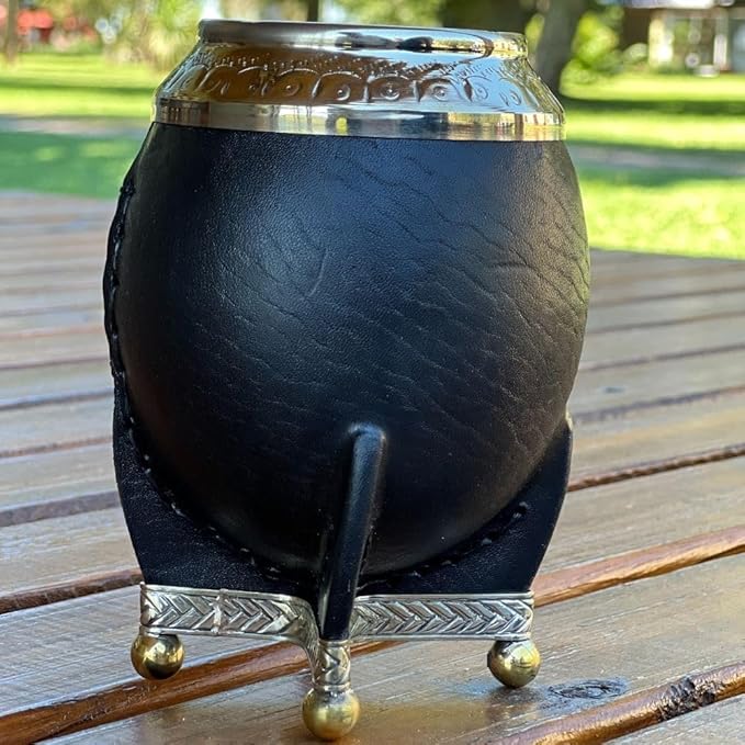Hide & Smile Torpedo Premium Handmade Mate Kit, pumpkin and leather Cup And Bombilla Set, Authentic Argentine Mate Gourd Tea, Includes Straw, Souvenir from Argentina, Original Design (Black)