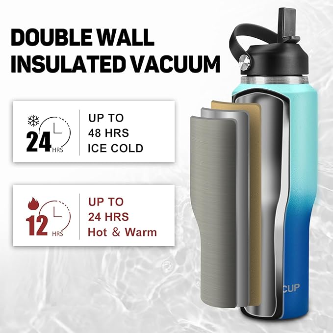 Insulated Water Bottle 32oz with Straw/Spout Lids, Stainless Steel Water Bottles Keep Cold 24h&Hot 12h, Metal Water Bottle with Straw that Fits in Cup Holder, Water Bottle Leak-proof,BPA Free