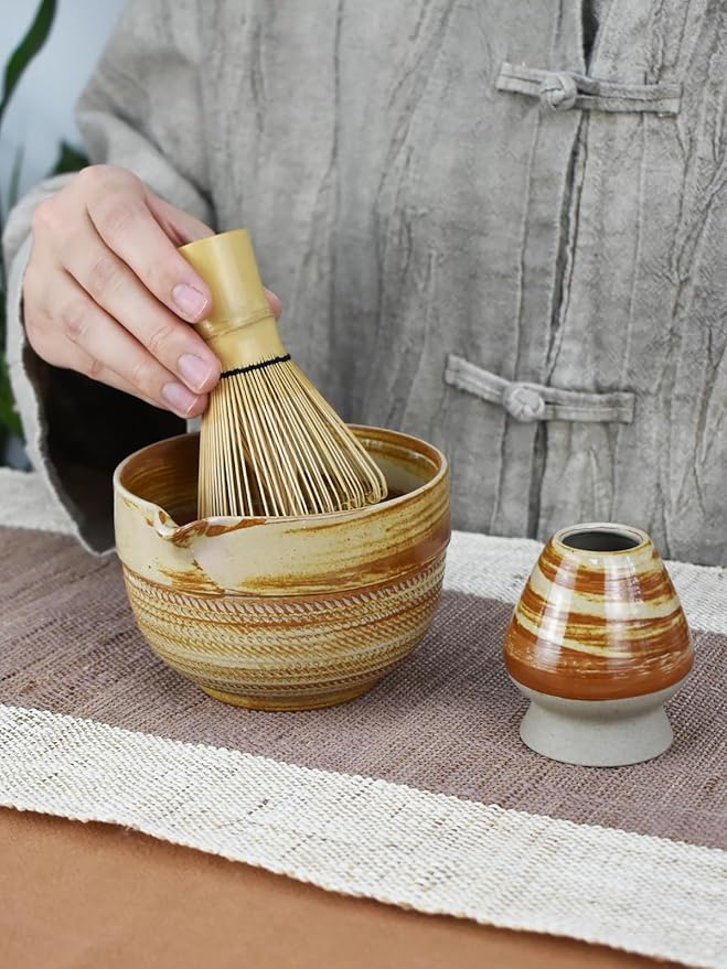 Matcha Tea Set – 4 Piece Traditional Japanese Matcha Kit with Beige & Brown Ceramic Spout Bowl, Whisk, Holder, Scoop & Guide – Authentic Tea Ceremony Set for Home Use