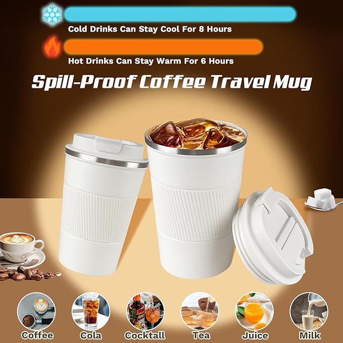 Vacuum-Insulated Stainless Steel Travel Coffee Mug, Leak-Proof Reusable Coffee Cup with Lid - Keep Hot & Cold Drinks for Hours, Durable Thermos Tumbler for Men & Women (3rd-White, 12OZ)