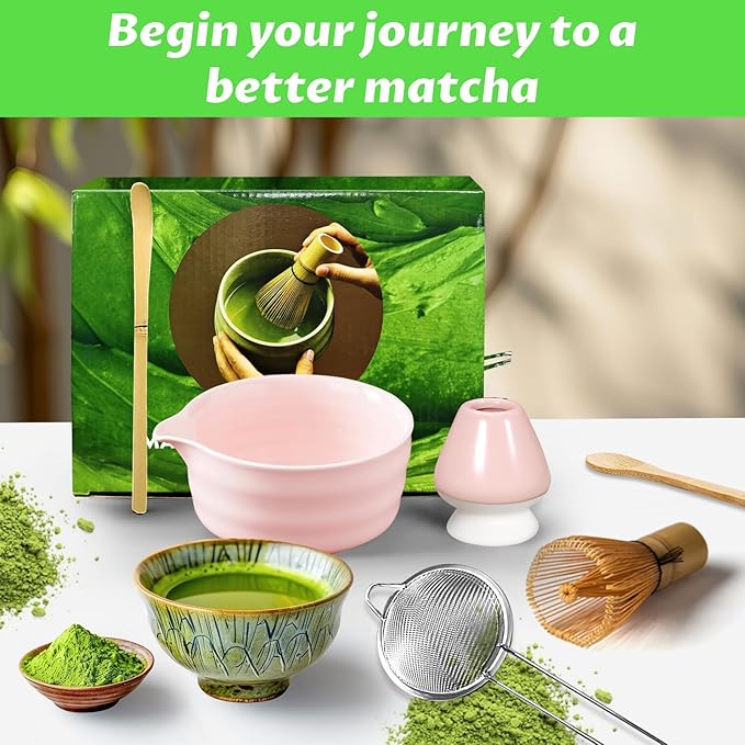 Matcha Set, 6 Pcs Matcha Whisk Set with 20 oz Bowl, Bamboo Whisk for Matcha Tea, Matcha Bowl, Ceramic Matcha whisk Holder, Stainless Sifter and Scoop - Gift for matcha kit Lovers（Pink）