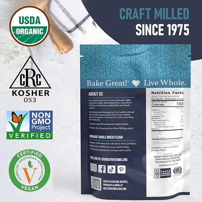 Great River Organic Milling Organic Whole Wheat Flour | Unbleached & Unbromated | High Protein & Fiber | Non-GMO, Kosher | Perfect for Sourdough, Bread, Rolls & Baking | 5 Lb