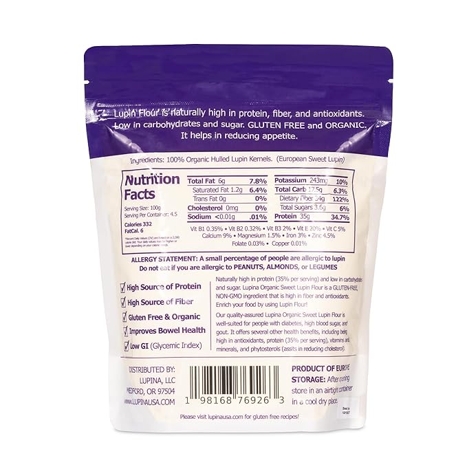 Lupina Organic Gluten-Free Lupin Flour –16 oz- High-Protein, High-Fiber, Low-Carb Plant-Based Flour – Non-GMO Vegan Superfood for Baking, Smoothies & Healthy Cooking