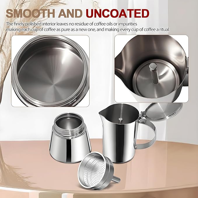 Uncoated 6 Cup Moka Pot 304 Thickened Stainless Steel Coffee Maker Stovetop Espresso Coffeemaker Italian Classic Style Brewing Greca Cafe Mocha Machine for Cafeteras Camping Travel Home 300ml 10oz