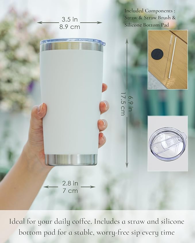 Travel Coffee Tumbler 20oz, 4 Pack Leakproof Travel Coffee Mug with Lid and Straw, Stainless Steel Double Wall Vacuum Insulated Tumbler for Hot/Iced Drinks (Textured Matte, White)