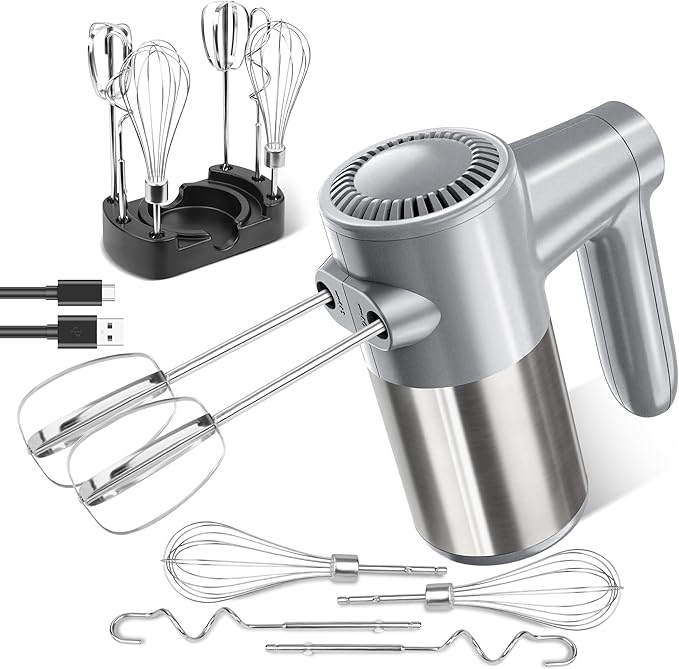 Cordless Hand Mixer, Electric Mixer Handheld Digital Display 7 Speed Rechargeable with 6 Stainless Steel Attachments Whisks Beaters Dough Hooks & Storage Base, Blender for Baking, Eggs, Silver