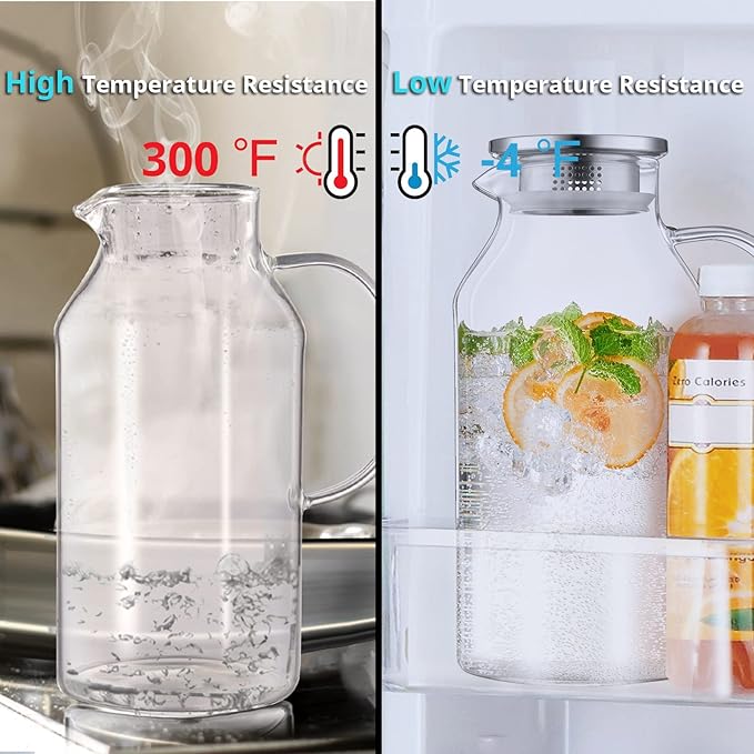 2.6 Liter 88 oz Glass Pitcher with Lid and Spout, Glass Water Carafe for Hot/Cold Water, Iced Tea Pitcher, Large Pitcher for Coffee, Juice and Homemade Beverage