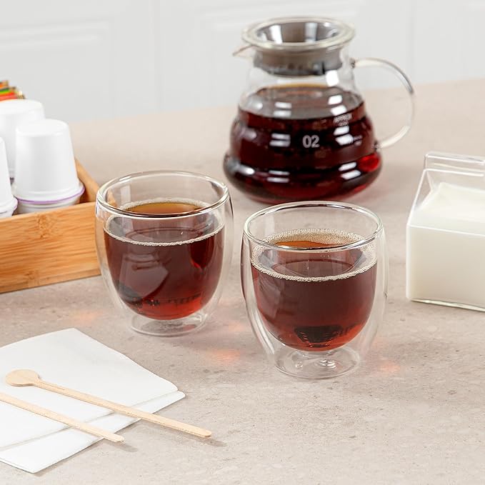 Restaurantware-Forma Professional 8.5 Ounce Double Wall Coffee Cups, 2 Insulated Latte Glasses - Dishwashable, Reusable, Clear Glass Beverage Cups, Freezable, For Hot Or Cold Beverages