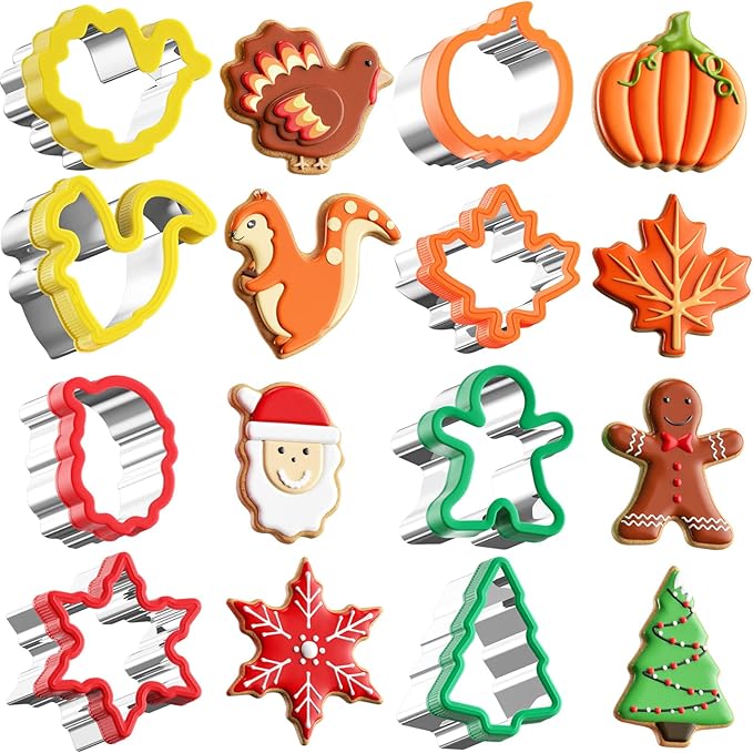 Fall Thanksgiving Cookie cutters Set 8 Pieces, Holiday Christmas Cookie Cutters Pumpkin Leaf Baking Cutters Shapes for Kids with Comfort Grip, Gingerbread Man, Turkey, Squirrel, Xmas Tree, Santa, etc