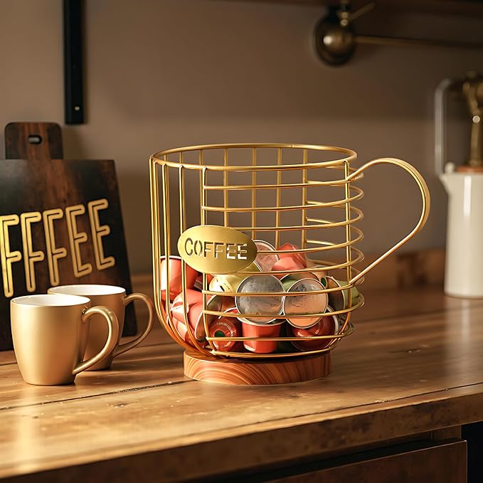 Coffee Pod Holder,Bar Accessories - Espresso Pod Holder - Large Capacity Black Wire Coffee Basket With Wooden Base