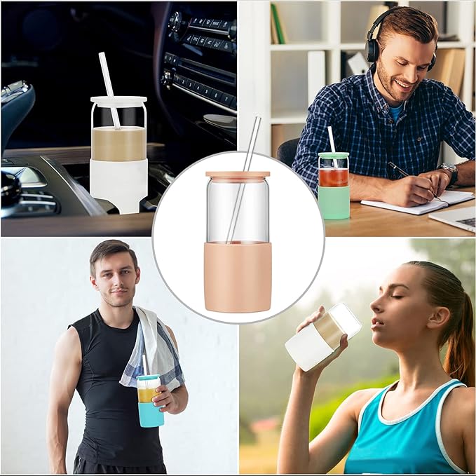 Sunseeke Glass Tumbler with Straw and Lid, 16oz Ice Coffee Cup, Silicone Sleeve Cleaning Brushes, Drinking Glasses for Water, Iced Coffee, Smoothie -BPA Free -3Pack