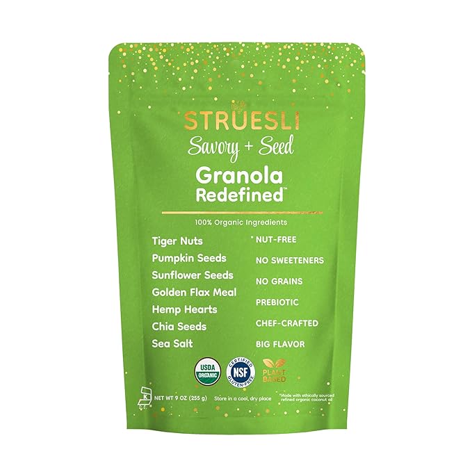 Struesli Savory + Seed Organic Granola, Nut, Grain & Gluten Free, Healthy Snacks with Pumpkin, Sunflower & Chia Seeds, Hemp Hearts, Flax, Tiger Nuts & Sea Salt, Plant Based, Keto & Paleo, 9 Oz