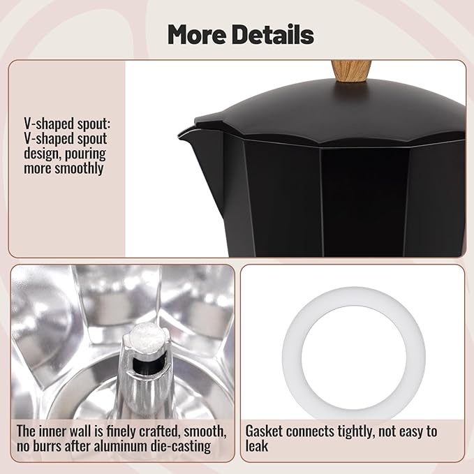 12 Cup Aluminum Moka Pot Classic Stovetop Espresso Coffee Maker 600ml 20oz Coffeemaker Percolator Mocha Pot Greca Coffee Maker Cafe Makers for Italian and Cuban Café Brewing Black