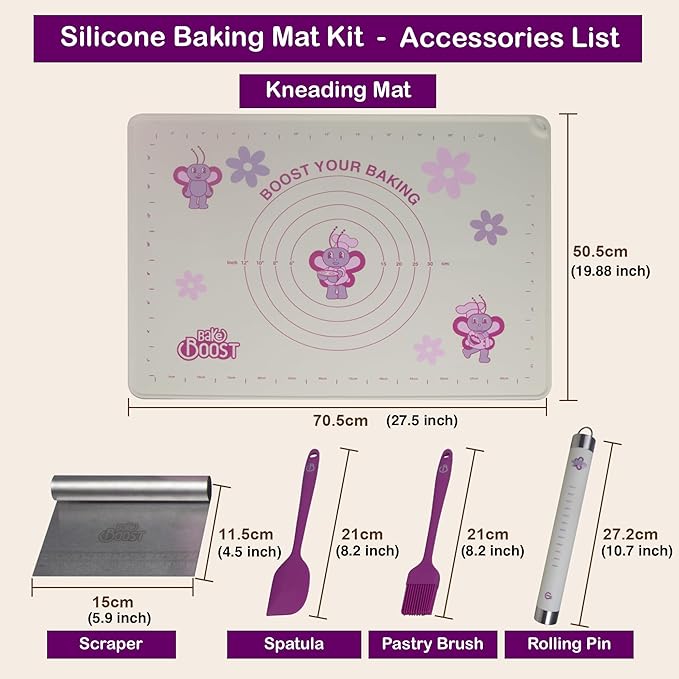 Silicone Baking Mat Set | Non-Stick Dough Rolling Pastry with Rolling Pin for Cookie Pie Crust Pizza Bread | Extra Large Dough Mat | Silicone Pastry Mat Kit Extra Thick with accessories