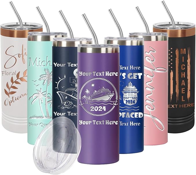 Personalize 20oz Skinny Tumbler: Engraved, Stainless Steel, Insulated, Leak-Proof Lid & Straw, Hot/Cold for Hours, Ideal for Coffee, Water, Wine, Gift for Birthdays, Weddings, Cruise Ships, 25 designs
