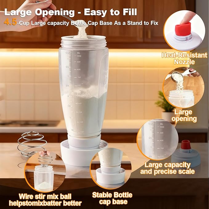 Pancake Batter Dispenser Kit - 4.5-Cup Pancakes Mix Maker with Shaker Ball Stainless Steel Whisk and Brush,Squeeze Bottle for Cupcake,Muffin,Waffle,Crepe