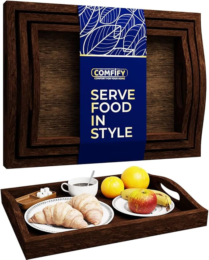 Serving Trays Set of 3 - Ottoman Wood Trays for Entertainment, Food and Décor - Rustic Farmhouse Distressed Finish - Stained Wood Brown