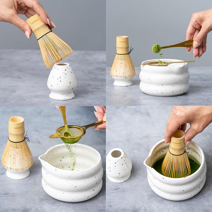 Premium 9 Piece Matcha Set Includes Ceramic Matcha Bowl, Bamboo Whisk & Holder, Stainless Steel Spoon & Sifter, Glass Cup & Straw, Electric Frother, Storage Bag - Gift for Matcha Lovers (White)