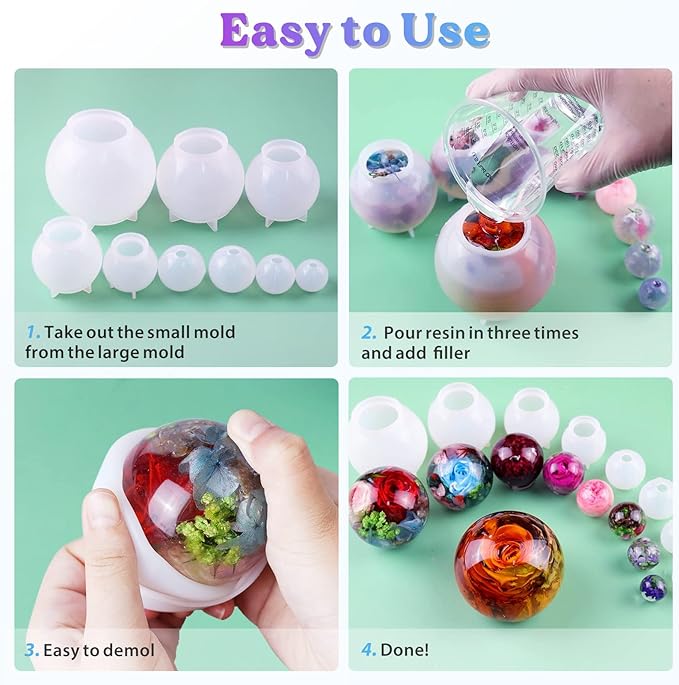 LET'S RESIN 9 Pcs Sphere Silicone Molds for Resin, Upgraded Seamless 3D Sphere Resin Molds Silicone,Large Round Ball Epoxy Resin Molds for Flowers Preservation,Resin Casting, Soap, Candle