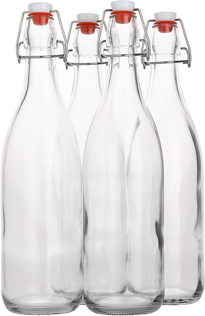AYL Flip Top Glass Bottle [1 Liter / 33 fl. oz.] [Pack of 4] – Swing Brewing Bottle with Stopper for Beverages, Oil, Vinegar, Kombucha, Water, Soda, Kefir – Airtight Lid & Leak Proof Cap – Clear