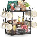 EsLuker.ly Coffee Mug Cup Holder Stand Bar Station Organizer for Countertop, Multi-Functional 2 Tier Mug Tree Rack for Kitchen, Storage Shelf with 12 Hooks, Black(Patented Design)