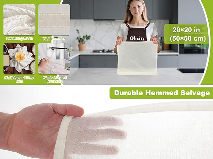 Olicity Cheese Cloths, 2PCS, Double-Layer, 20x20Inch, Reusable Grade 90 Cheese Cloth Bag for Straining, Hemmed Unbleached Cotton Precut Fine Mesh Muslin Cheesecloth for Juicing, Butter, Canning