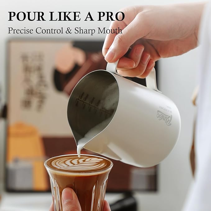 Milk Frothing Pitcher - 350ml/12oz Milk Frother Cup Espresso Steaming Pitcher for Barista, Bincoo SUS304 Stainless Steel Espresso Steaming Pitchers for Latte Art/Cappuccino/Coffee (Black-350ml)
