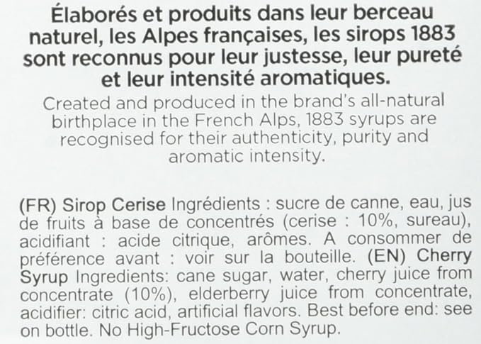 1883 Cherry Syrup for Drinks, Made in France, 1 Liter Plastic Bottle