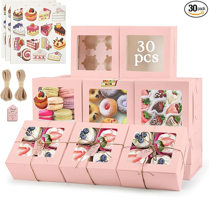 OAMCEG 30 Pack Cookie Boxes with Window, 6x6x3 Inches Pink Cupcake Boxes, Bakery Treat Boxes with Stickers & Twine for Pastry, Desserts, Strawberries, Cupcakes, Gift Giving