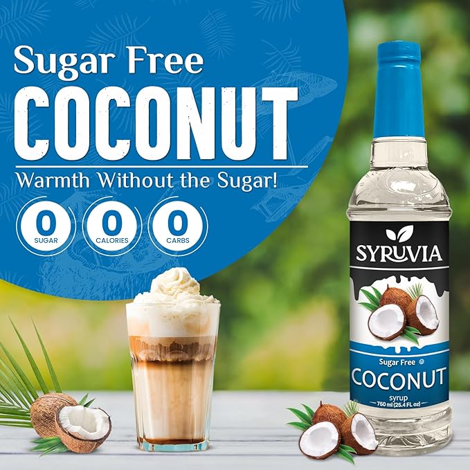 Syruvia Sugar Free Coffee Syrup, Coconut Flavored Syrup for Drinks, Lattes, and Desserts – 25.4 fl oz