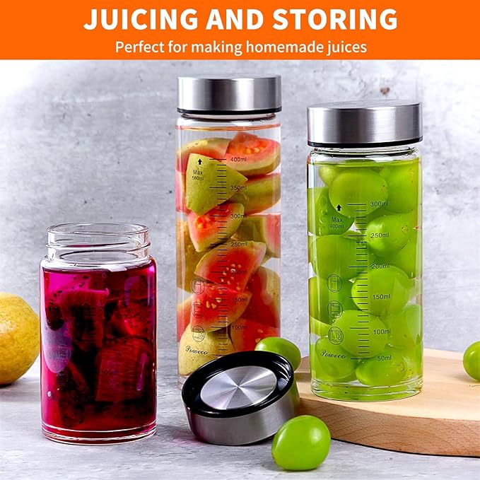 Glass Juice Bottles 6 Pack 16 oz - Wide Mouth Glass Water Bottles with Lids - for Juicing, Protein, Smoothie, Milk, Reusable, BPA Free, Stainless Steel Lids, Blender, Shaker Bottle (16oz/500ml)